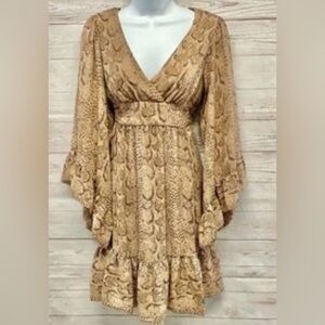 BETSEY JOHNSON brown, and tan crêpe snake skin print ruffled dress, size 10